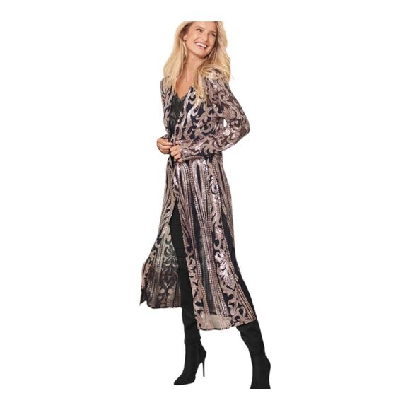 Venus Jackets & Blazers - Venus Sequin Mesh Long Duster Jacket Black Gold Size M